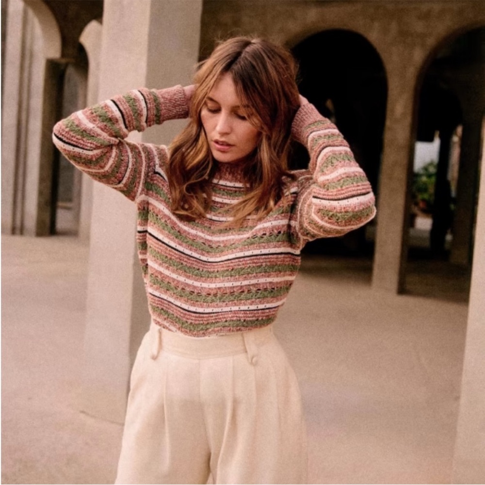 Sezane Pink Green White Stripe Marge Boatneck Sweater XS